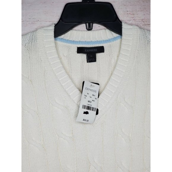 Vintage Express Crew Neck Med White Cable Knit Long Sleeve Pullover Sweater - Picture 8 of 12
